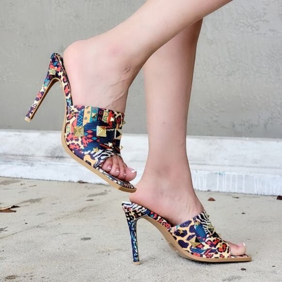 Women's Print Color Roman Stud Quilted Slide High Heel Sandals - Picture 1 of 4